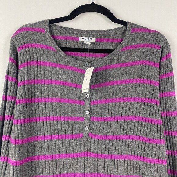 Old Navy Gray Purple Striped Long Sleeve Ribbed Henley Sweater Size XL - Picture 2 of 10